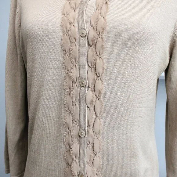 Coldwater Creek Y2K Tan Silk Cotton Knit Front Ruffle Button Cardigan sz Medium - Picture 3 of 5